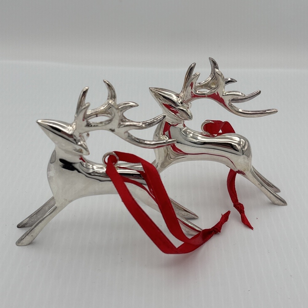 Pottery Barn Silver Plated Flying Reindeer Ornaments 4" Vintage Set Of 2 And Box